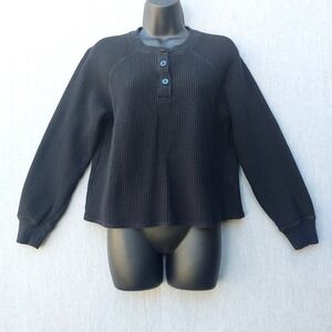 Old Navy Thermal Waffle Knit Henley Women S Black Button Long Sleeve Relaxed Top